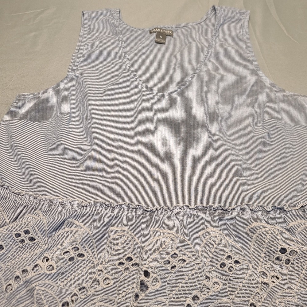 Cottagecore Peplum Top Women Medium Blue Pinstripe Eyelet Lace Nautical Coastal